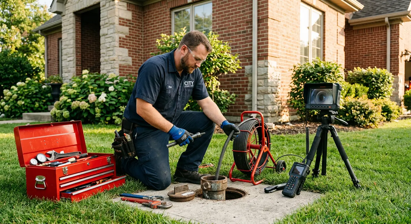 Sewer specialist with camera equipment servicing a cleanout in Johnsburg