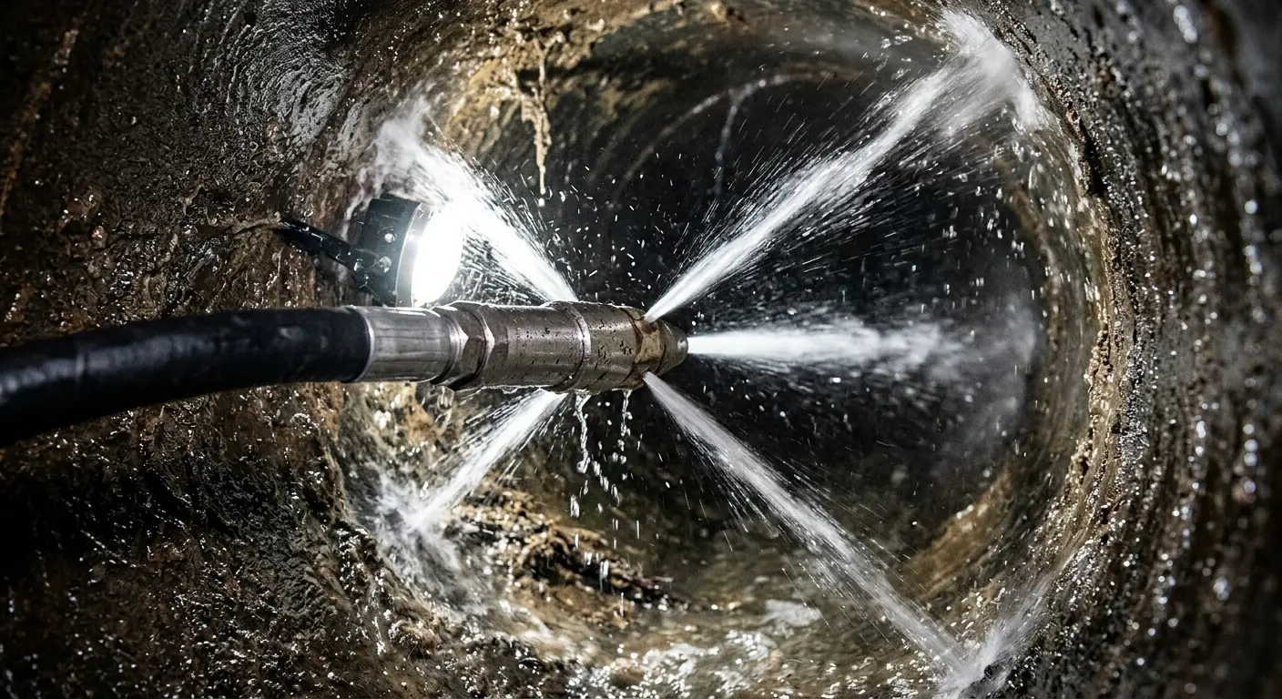 High-pressure hydro jetting nozzle cleaning sewer pipe for Emergency Drain Service in Johnsburg