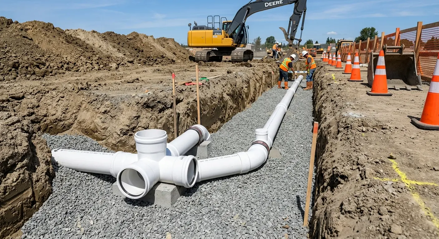 New PVC sewer pipe installation in open trench for Sewer Backup in Johnsburg