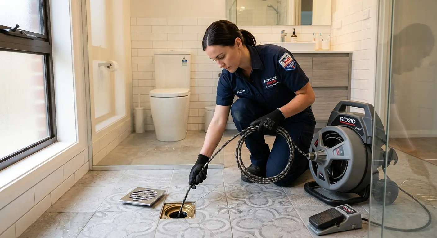 Technician clearing a bathroom floor drain for Sewer Line Replacement in Johnsburg